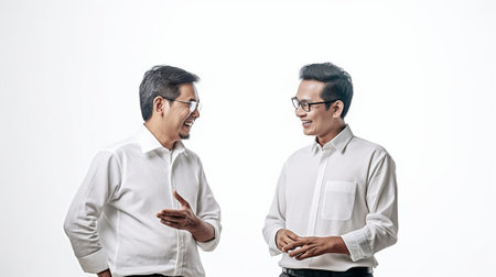 Waist up shot of two young men of different generation have uexpected gaze at camera wears round transparent glasses cant believe in shocking rumors pose together against : Generative AIの素材