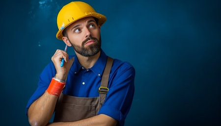 Home repair male worker busy with house renovation holds building equipment has sad expression wears casual working clothes looks up Builder with paint roller brush and h : Generative AIの素材