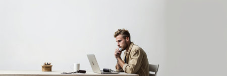 Busy office worker calls business partner to discuss future meeting looks bored as he doesnt answer studies important documents isolated over white studio wall Business a : Generative AIの素材