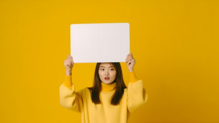 Faceless woman breaks arm through paper yellow wall indicates on right at blank space gives advice to buy subscription suggests to click on link shows direction Place for : Generative AIの素材