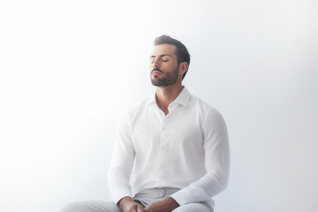 Concentrated bearded man with appealing appearance meditates against white background tries to relax after hard working day daydreams keeps fingers together Meditation an : Generative AIの素材