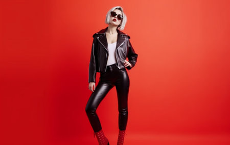 Carefree hipster girl enjoys leisure time listens audio track catches every bit dressed in leather jacket has specific appearance isolated over red background People yout : Generative AIの素材
