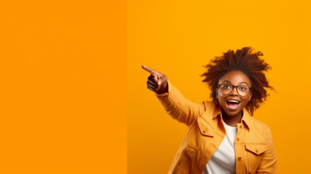 Cheerful Afro woman points away on copy space discusses amazing promo gives way or direction wears yellow warm sweater has pleasant smile feels optimistic isolated over b : Generative AIの素材