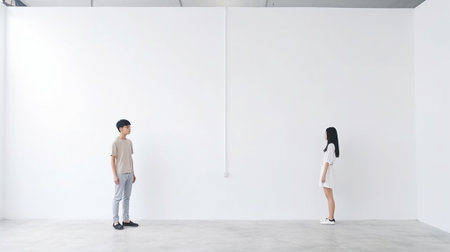 Clueless and puzzled stylish male and female standing at white wall with copy space for your text having confused looks shrugging shoulders as if saying Who cares I dont  : Generative AIの素材