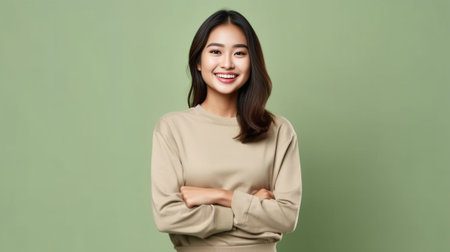 Gentle smiling thoughtful Asian woman with dark hair looks away poses with holiday attributes awaits New Year and Christmas concentrated on something isolated over beige  : Generative AIの素材