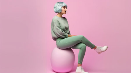 Glad teenage girl exclaims from joy sits comfortably on chair reacts emotionally on funny thing has non standard look dyed green hair dressed in casual clothes isolated o : Generative AIの素材