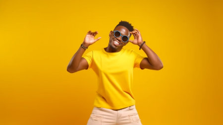 Isolated shot of energized overjoyed dark skinned teenagers dance actively in rhythm of music have spare time for drinking coffee wear casual t shirts spectacles isolated : Generative AIの素材