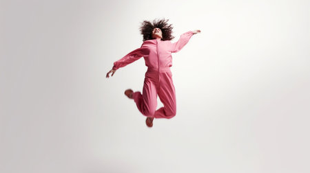 Horizontal shot of happy woman dressed in soft kigurumi costume moves actively jumps high tilts head isolated over pink background has good rest in morning Morning time a : Generative AIの素材