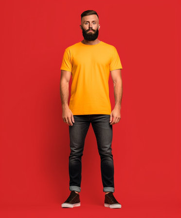 Portrait of happy unshaven guy points at smartphone screen demonstrates mockup display glad to buy new electronic device wears stylish hat and casual red t shirt models a : Generative AIの素材