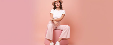 Horizontal shot of lovely pensive woman holds chin purses lips and looks mysteriously away wears white stylish hat and casual loose jumper isolated over pink background w : Generative AIの素材