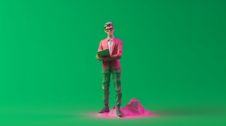 Indoor shot of puzzled unshaven man wears spectacles holds many handbooks feels doubt dressed in green sweater isolated over pink background Male wonk studies scientific  : Generative AIの素材