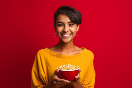 Photo of emotive surprised brunette lady with toothy smile wears red bandana holds slice of pizza points with thumb aside models against yellow background for your advert : Generative AIの素材