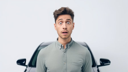 Portrait of anxious scared bearded male looks nervously at camera worries about girlfriends health who is in difficult situation after car accident Panic young man reciev : Generative AIの素材