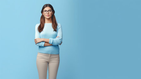 Pensive dreamy lovely young ginger female with pleasant appearance imagines dreams come true keeps hands crossed dressed in oversized jumper wears optical glasses isolate : Generative AIの素材