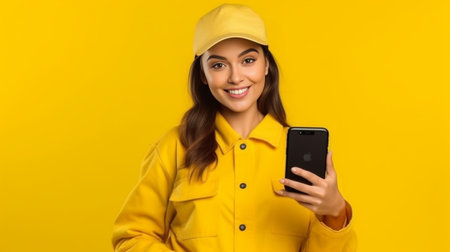 Smiling pretty millennial girl uses modern mobile phone connected to wireless internet downloads images checks email box wears yellow hat white sweater and jeans looks ha : Generative AIの素材