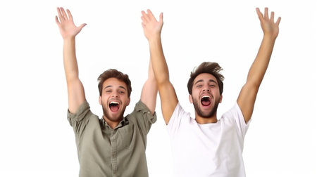 Positive young guys with dark bristle wear casual white clothes points with two index fingers upwards have satisfied expressions show something above heads isolated over  : Generative AIの素材