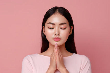 Women tenderness comfort Pleased pink haired Asian woman embraces herself closes eyes feels coziness in soft sweater stands against rosy background dreams about something : Generative AIの素材