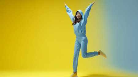 Satisfied dark skinned young woman makes okay gesture with both hands keeps eyes closed dressed in yellow clothes practices yoga after work isolated over blue studio back : Generative AIの素材