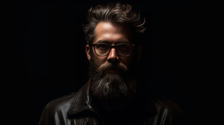 Serious thoughtful clever scientific worker wears spectacles has beard curves lower lip tries to imagine new theory or thigs how to prove new axiom Pensive unshaven man b : Generative AIの素材