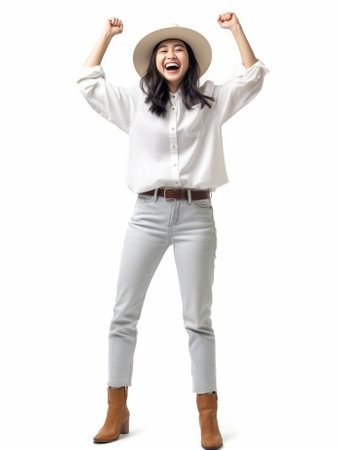 Headshot of cute lovely woman with positive expression dressed in casual dungareess and hat being in good mood as recieves praise isolated over white background People an : Generative AIの素材