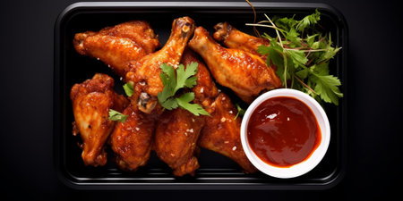 Air fryer chicken wings glazed with hot chilli sauce and served with different sauces. isolated on white background . top view : Generative AIの素材