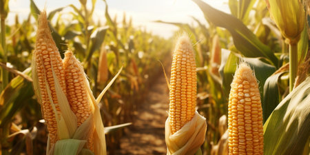 Corn cobs in corn plantation field. : Generative AIの素材