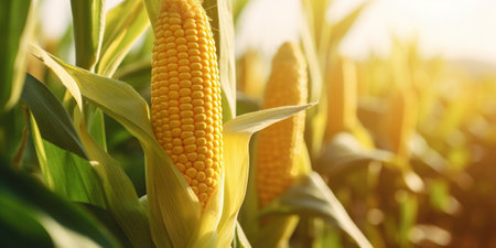 Corn cobs in corn plantation field. : Generative AIの素材