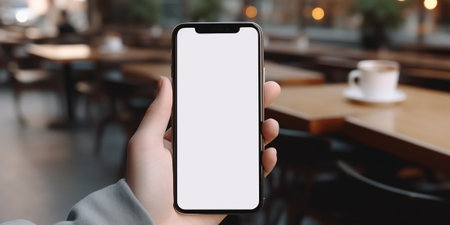 Close-up image of a woman in jeans relaxes sitting in the cafe and using her smartphone. smartphone white screen mockup for display your graphic banner. : Generative AIの素材