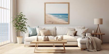 Coastal style living room interior with frame mockup : Generative AIの素材