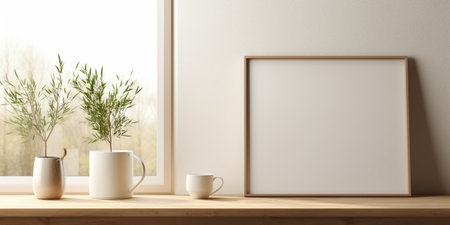 Breakfast still life. Cup of coffee, books and empty picture frame mockup on wooden desk, table. Vase with olive branches. Elegant working space, home office concept. Sca : Generative AIの素材