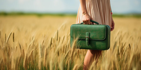 Female in green skirt hold suitcase on wheat field : Generative AIの素材