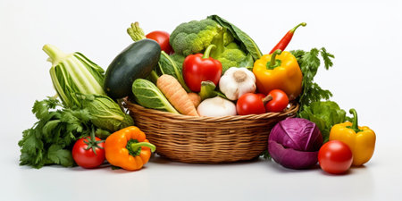 Different fresh vegetables for eating healthy. Fresh vegetables in basket isolated on white backgroun : Generative AIの素材