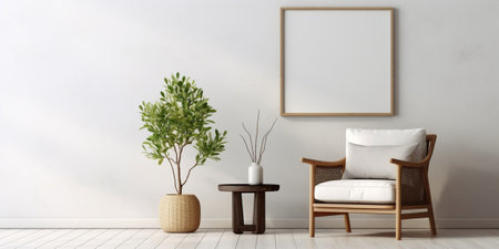 Interior poster mock up with vertical empty wooden frame standing on floor, gray armchair and tree in wicker basket in room with white wall. : Generative AIの素材