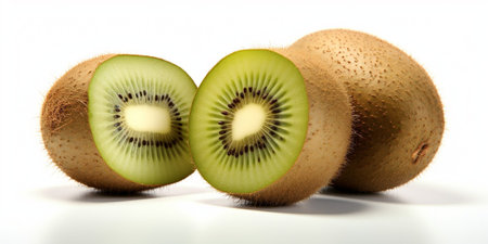 Ripe whole kiwi fruit and half kiwi fruit isolated on white background : Generative AIの素材