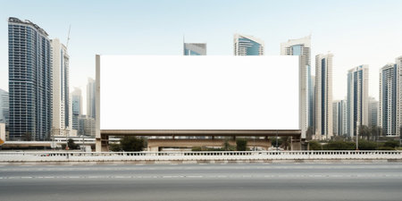 Mock up of blank vertical white advertising billboard with residential and office modern contemporary skyscrapers and empty highway behind : Generative AIの素材