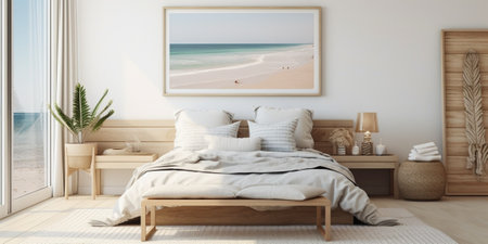 Mockup frame in bedroom interior background, Coastal boho style : Generative AIの素材