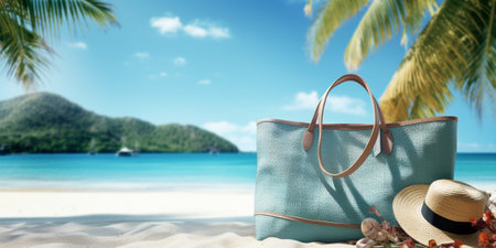 Stylish beach bag with accessories and tropical beach in the background, summer vacations concept : Generative AIの素材