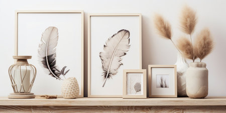 Stylish and modern boho interior of living room with mock up photo frames, flowers in vase, wooden desk, beige macrame and elegant accessories. Design home decor. Bohemia : Generative AIの素材