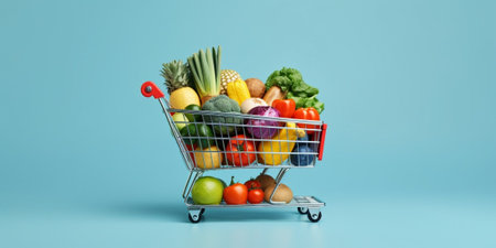 Shopping cart full of groceries on light blue background. Space for text : Generative AIの素材