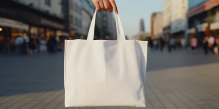 model hold blank white fabric tote bag for save environment on street fashion : Generative AIの素材