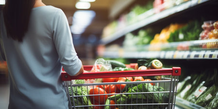 consumerism and people concept - woman with shopping cart or trolley buying food at grocery store or supermarket : Generative AIの素材