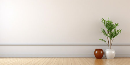 White classic wall background, brown parquet floor, home furniture detail, frame and vase of plant. : Generative AIの素材