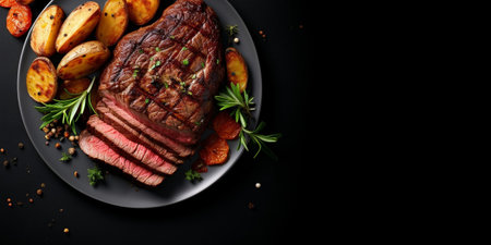 grilled beef steak and potatoes on plate isolated on white background, top view : Generative AIの素材