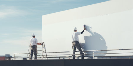 two workers are painting blank area on the wall : Generative AIの素材