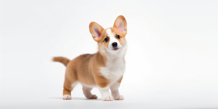 studio portrait of Pembroke Welsh Corgi puppy standing on hind legs against a white background : Generative AIの素材