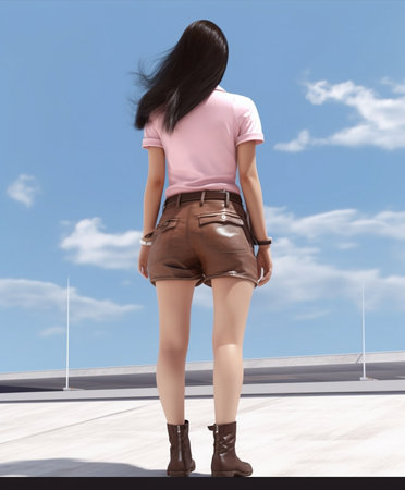 Full length beautiful young caucasian woman using smartphone looking away standing outdoors Brunette wears white top pink shirt and pants Technological device concept : Generative AIの素材