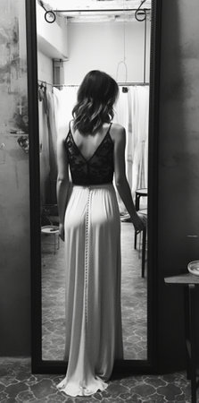 Black and white photo of girl in long dress making photo of lady in transparent blouse in mirror in apartment Two women taking pictures inside Blurred effect : Generative AIの素材