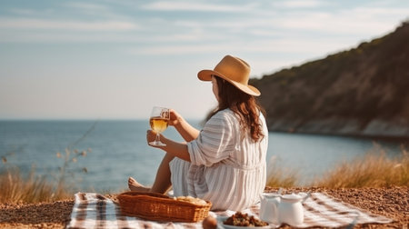 Enchanting woman drinking coffee at sandy beach in autumn day Blithesome glamorous girl relaxing near sea : Generative AIの素材
