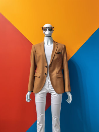 Attractive brunet man in stylish white shirt and trendy sunglasses poses on orange background and holds black jacket : Generative AIの素材