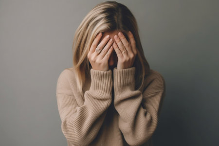 Closeup shot of girl in red knitted jacket and beige top covering her face with her hands and smiling : Generative AIの素材